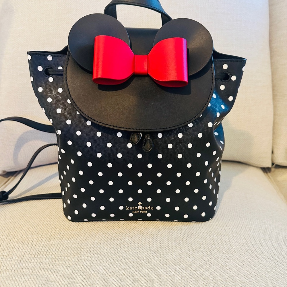 Kate Spade Minnie Mouse Black/ White Polka Dots and Red Bow Medium Backpack
